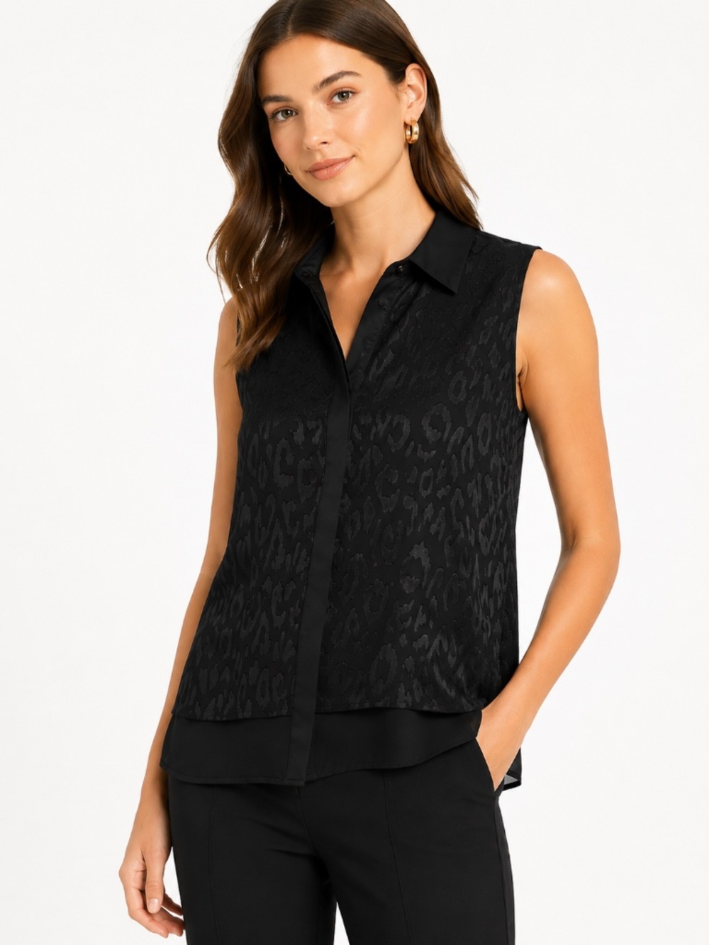 Carmen Marc Valvo Black Sleeveless Button up